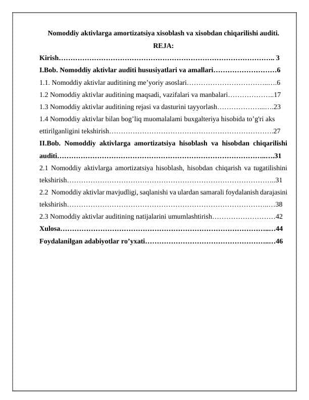 Nomoddiy aktivlarga amortizatsiya xisoblash va xisobdan chiqarilishi auditi