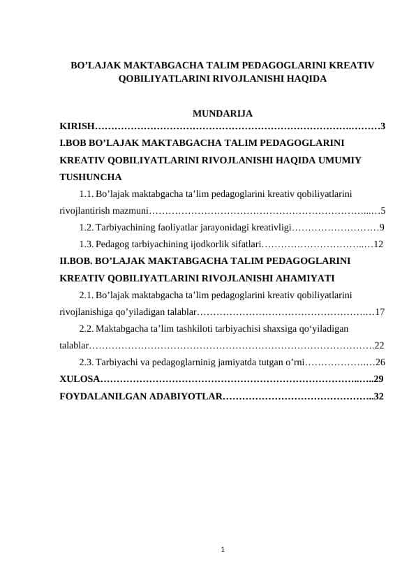 BO’LAJAK MAKTABGACHA TALIM PEDAGOGLARINI KREATIV QOBILIYATLARINI RIVOJLANISHI HAQIDA