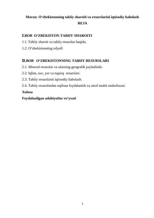 O‘zbekistonning tabiiy sharoiti va resurslarini iqtisodiy baholash