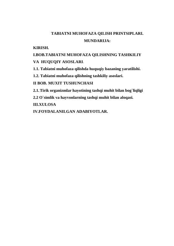 TABIATNI MUHOFAZA QILISH PRINTSIPLARI