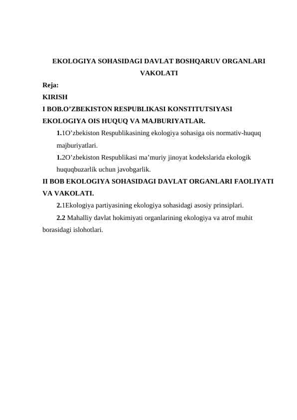 EKOLOGIYA SOHASIDAGI DAVLAT BOSHQARUV ORGANLARI VAKOLATI
