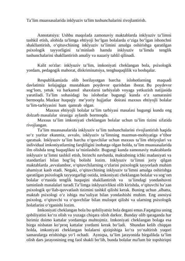 Taʼlim muassasalarida inklyuziv ta'lim tushunchalarini rivojlantirish.