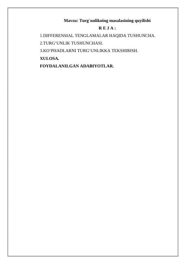 Turg`unlikning masalasining quyilishi