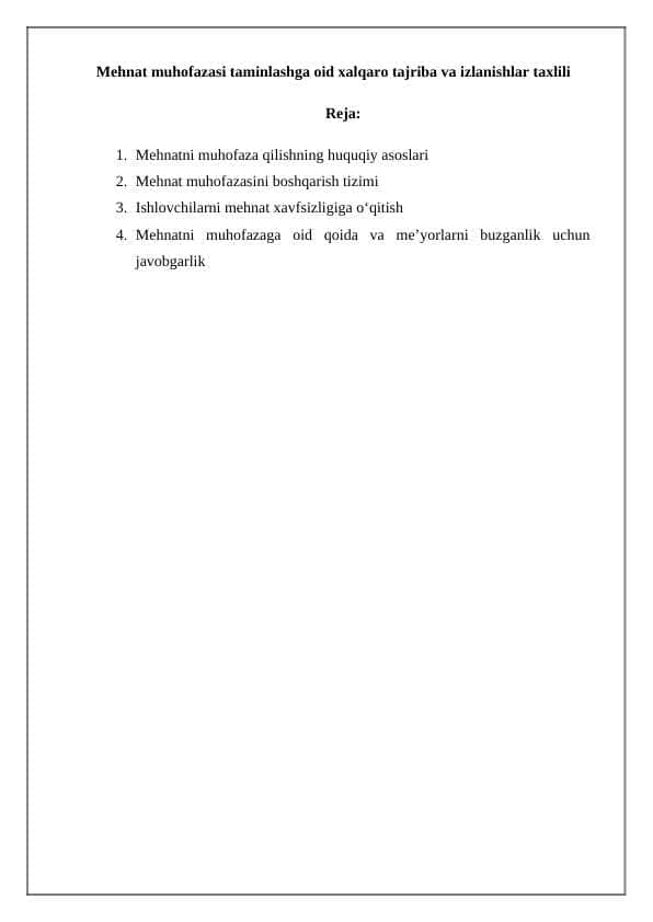 Mehnat muhofazasi taminlashga oid xalqaro tajriba va izlanishlar taxlili