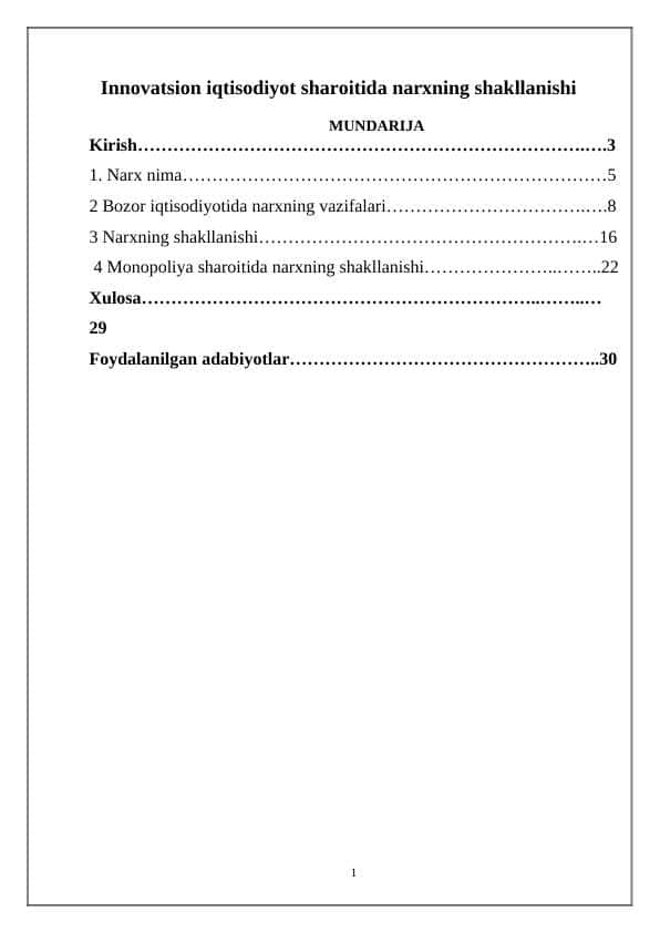 Innovatsion iqtisodiyot sharoitida narxning shakllanishi