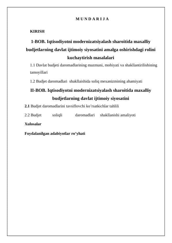 Iqtisodiyotni modernizatsiyalash sharoitida maxalliy budjetlarning davlat ijtimoiy siyosatini amalga oshirishdagi rolini kuchaytirish masalalari