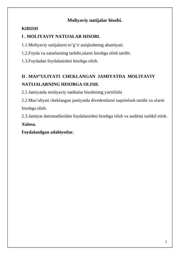 Moliyaviy natijalar hisobi.
