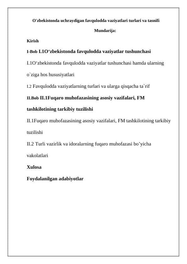 O'zbekistonda uchraydigan favqulodda vaziyatlari turlari va tasnifi
