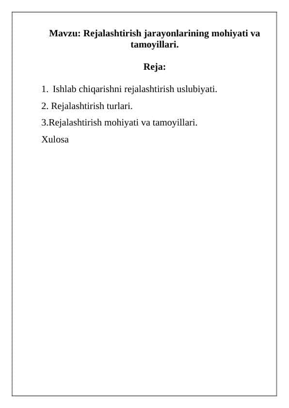 Rejalashtirish jarayonlarining mohiyati va tamoyillari