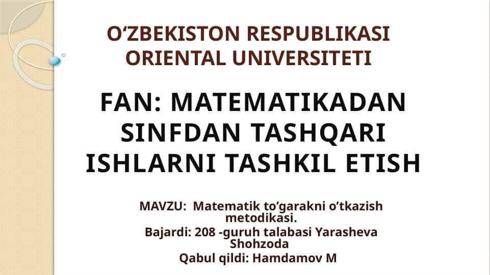 Matematik to’garakni o’tkazish metodikasi