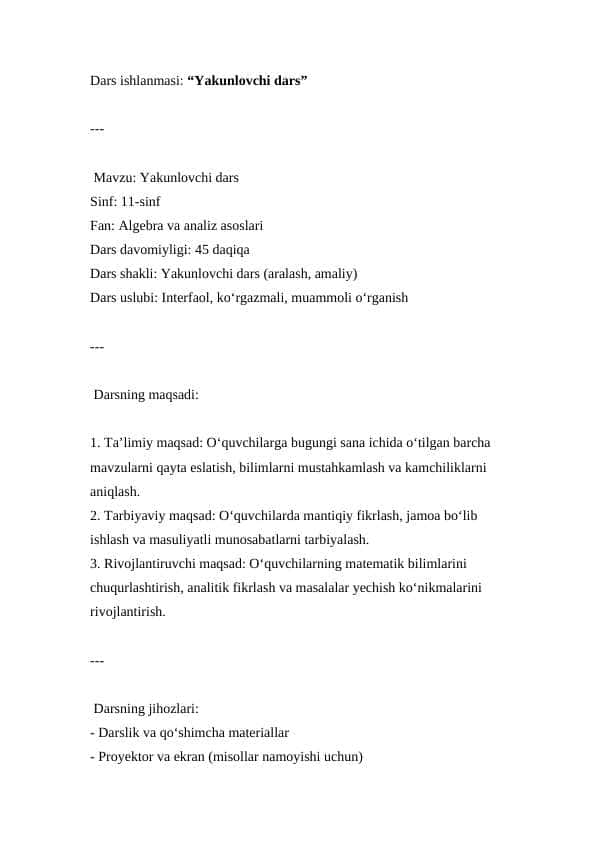 Yakunlovchi dars 11-sinf Algebra (2024-2025)