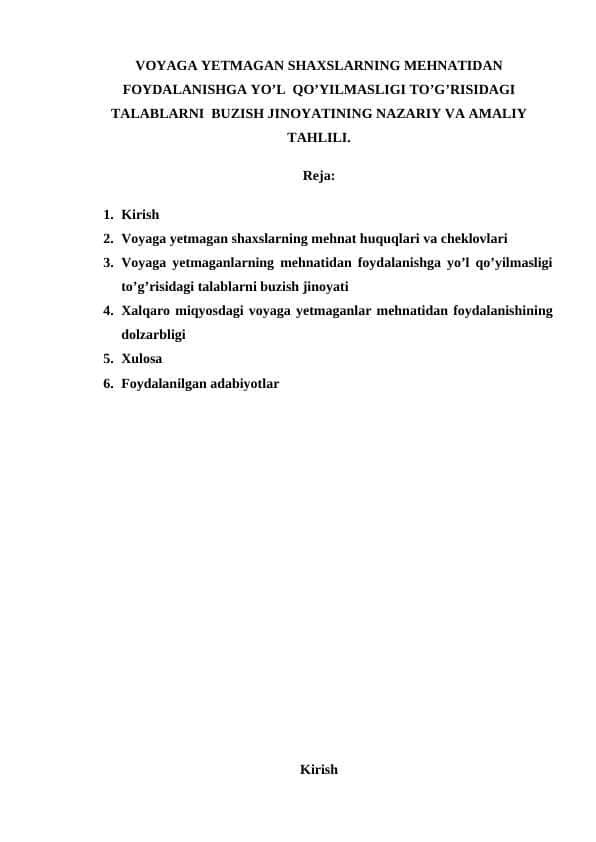 VOYAGA YETMAGAN SHAXSLARNING MEHNATIDAN FOYDALANISHGA YO’L QO’YILMASLIGI TO’G’RISIDAGI TALABLARNI BUZISH JINOYATINING NAZARIY VA AMALIY TAHLILI.