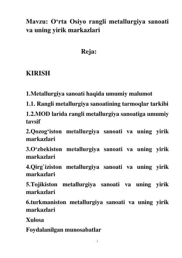 O‘rta Osiyo rangli metallurgiya sanoati va uning yirik markazlari