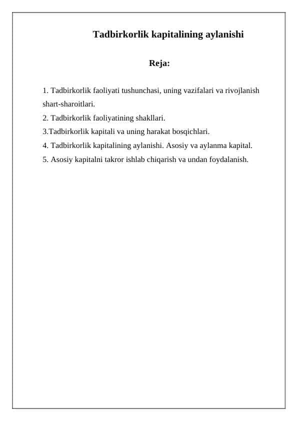 Tadbirkorlik kapitalining aylanishi
