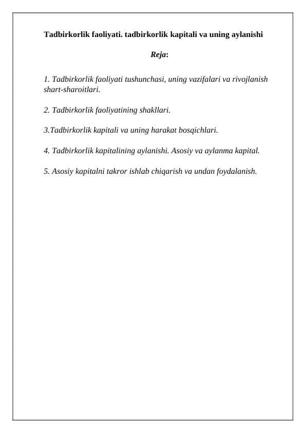 Tadbirkorlik faoliyati. tadbirkorlik kapitali va uning aylanishi