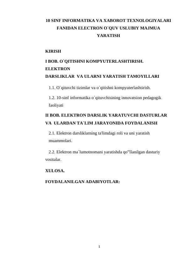 10 SINF INFORMATIKA VA XABOROT TEXNOLOGIYALARI FANIDAN ELECTRON O`QUV USLUBIY MAJMUA YARATISH10 SINF INFORMATIKA VA XABOROT TEXNOLOGIYALARI FANIDAN ELECTRON O`QUV USLUBIY MAJMUA YARATISH