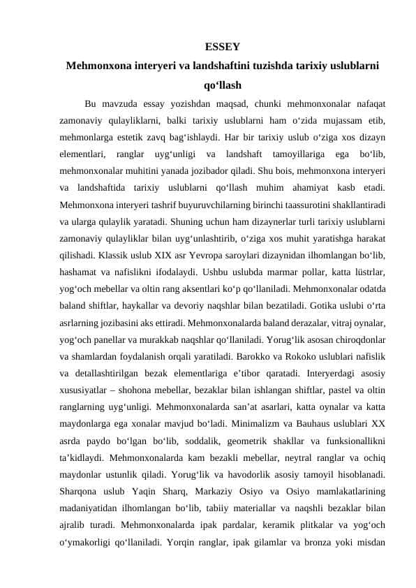 Mehmonxona interyeri va landshaftini tuzishda tarixiy uslublarni qo‘llash