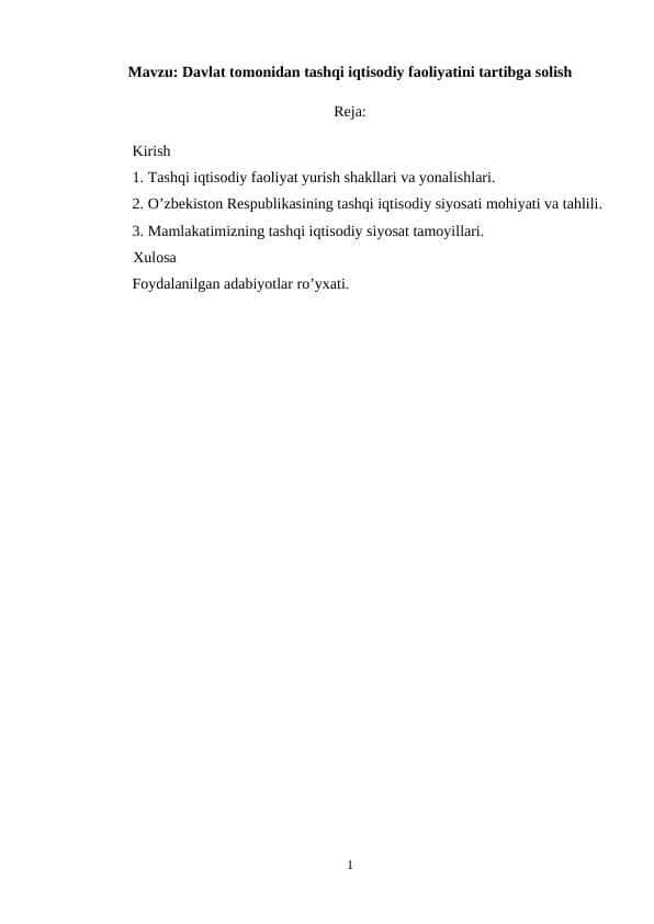 Davlat tomonidan tashqi iqtisodiy faoliyatini tartibga solish (kurs ishi)