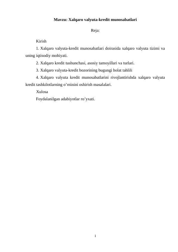 Xalqaro valyuta-kredit munosabatlari (kurs ishi)