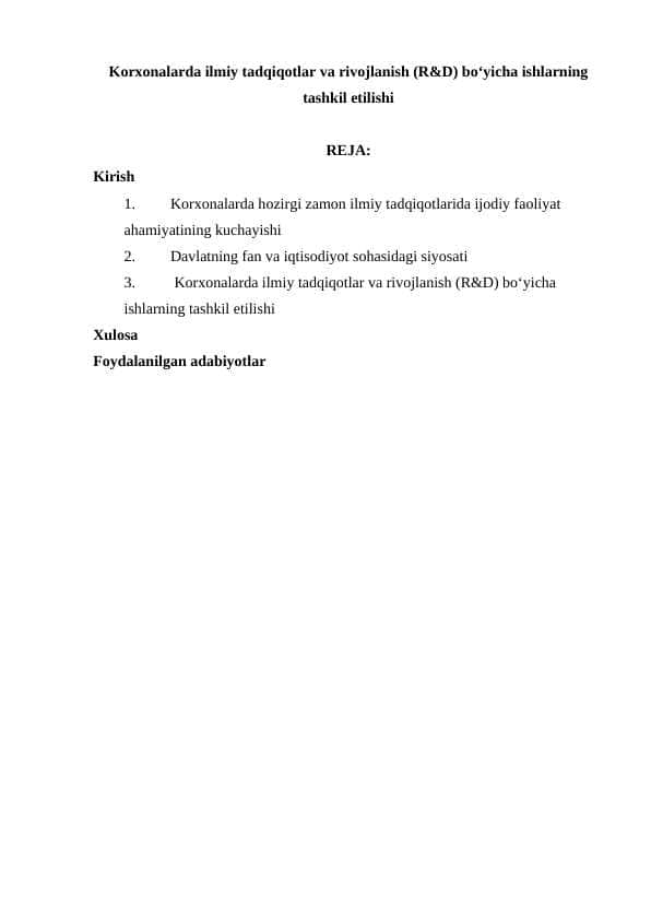Korxonalarda ilmiy tadqiqotlar va rivojlanish (R&D) bo‘yicha ishlarning tashkil etilishi