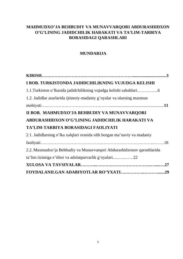 MAHMUDXO’JA BEHBUDIY VA MUNAVVARQORI ABDURASHIDXON O’G’LINING JADIDCHILIK HARAKATI VA TA’LIM-TARBIYA BORASIDAGI QARASHLARI