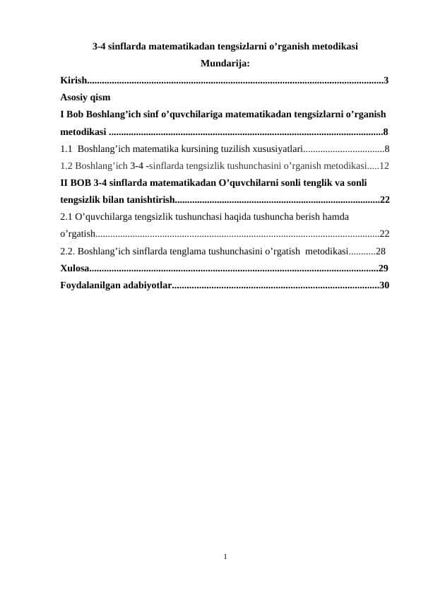 3-4 sinflarda matematikadan tengsizlarni o’rganish metodikasi