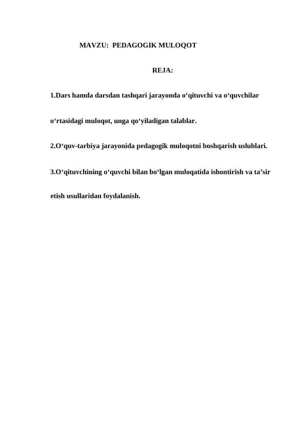 MUSTAQIL ISH. Pedagogik muloqot