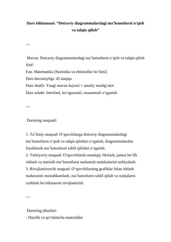 Doiraviy diagrammalardagi ma’lumotlarni o‘qish va talqin qilish ( Dars ishlanmasi )