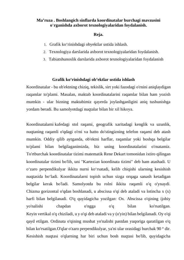 Boshlangich sinflarda koordinatalar burchagi mavzusini o‘rganishda axborot texnologiyalaridan foydalanish