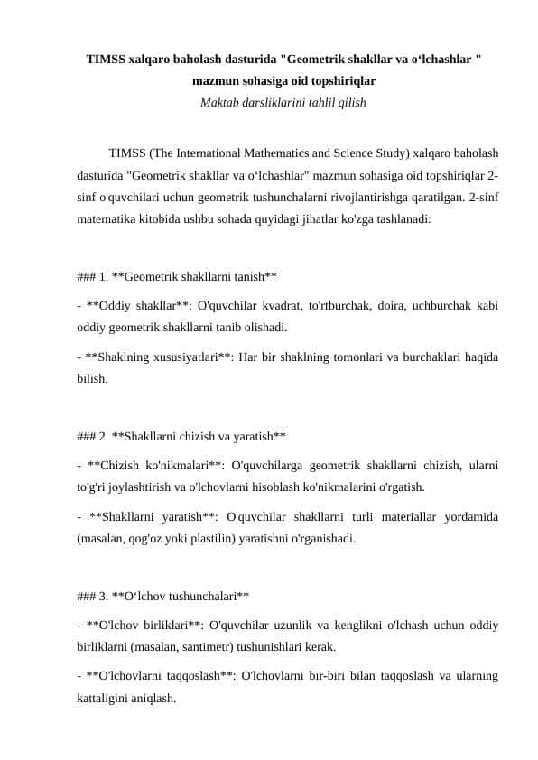 TIMSS xalqaro baholash dasturida "Geometrik shakllar va o‘lchashlar " mazmun sohasiga oid topshiriqlar