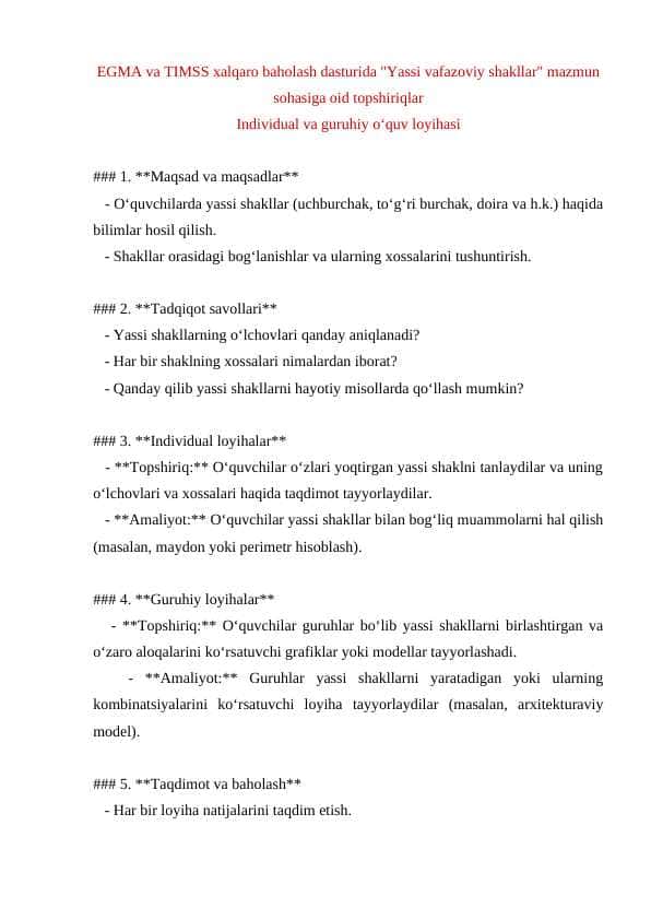 EGMA va TIMSS xalqaro baholash dasturida "Yassi vafazoviy shakllar" mazmun sohasiga oid topshiriqlar