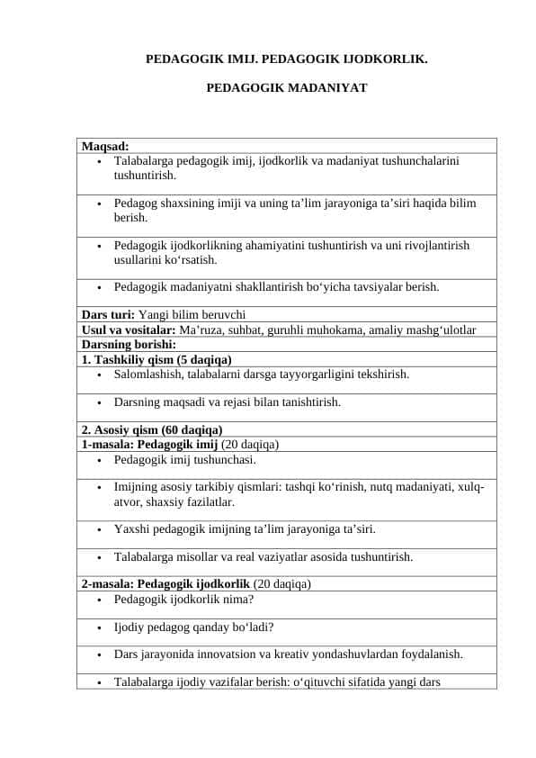 PEDAGOGIK IMIJ. PEDAGOGIK IJODKORLIK. PEDAGOGIK MADANIYAT