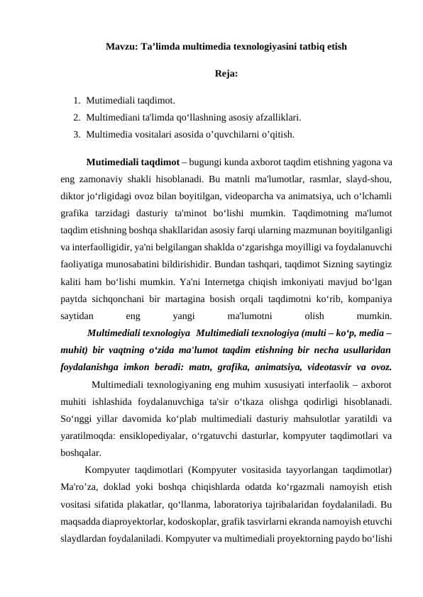 Ta’limda multimedia texnologiyasini tatbiq etish