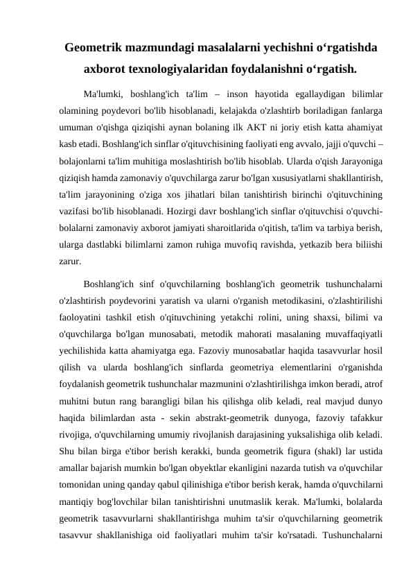 Geometrik mazmundagi masalalarni yechishni o‘rgatishda axborot texnologiyalaridan foydalanishni o‘rgatish