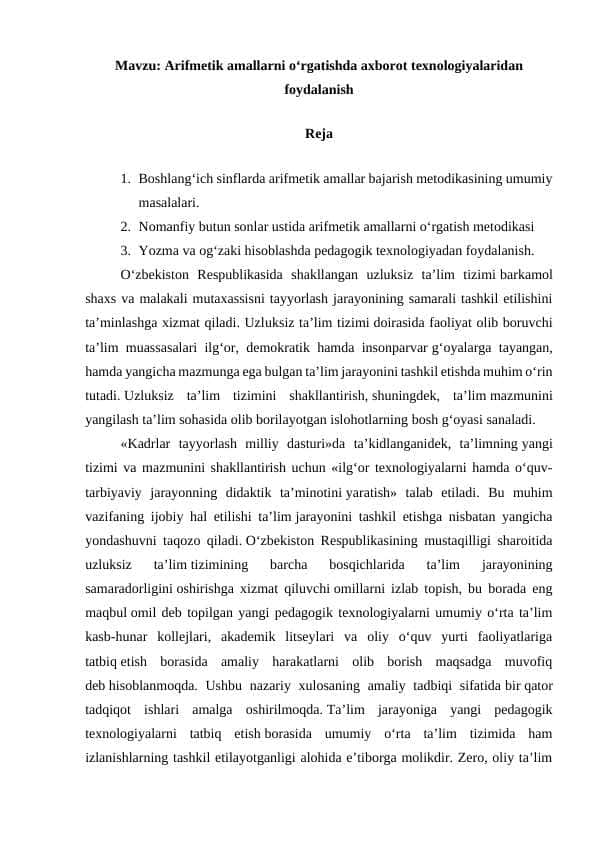 Arifmetik amallarni o‘rgatishda axborot texnologiyalaridan foydalanish