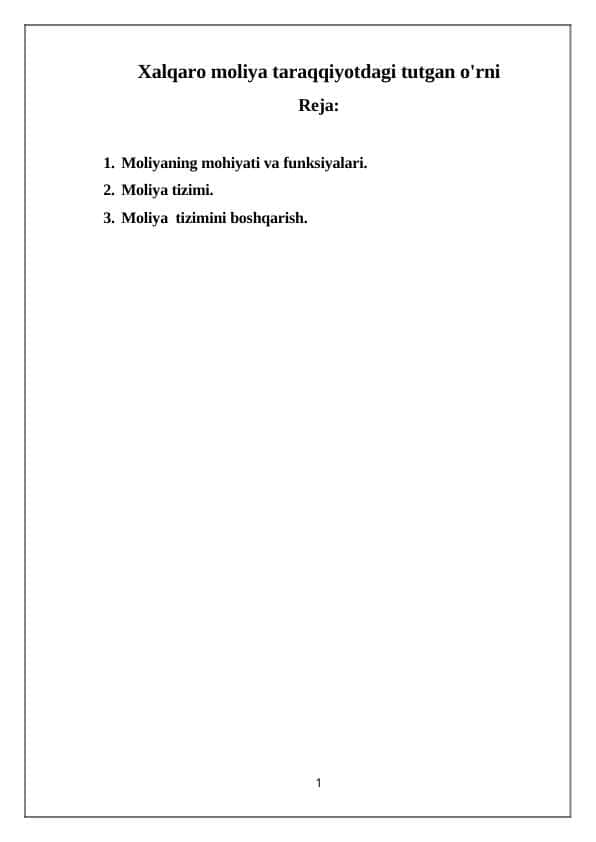 Xalqaro moliya taraqqiyotdagi tutgan o'rni
