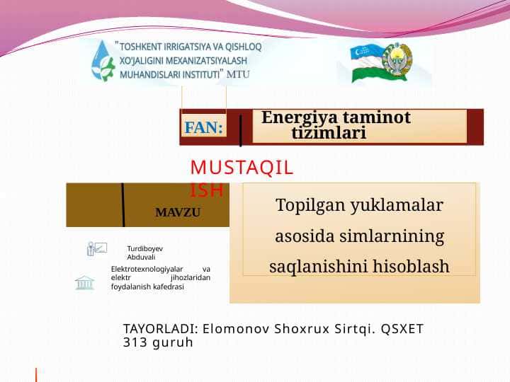 Topilgan yuklamalar asosida simlarnining saqlanishini hisoblash.pptx