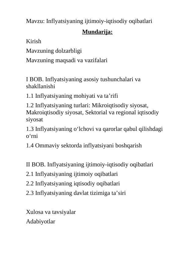 Inflyatsiyaning ijtimoiy-iqtisodiy oqibatlari