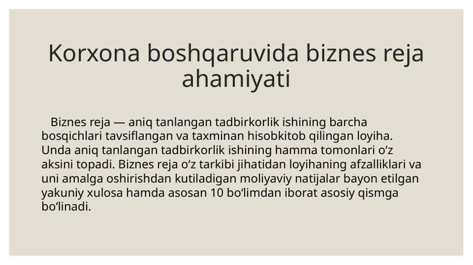 Korxona boshqaruvida biznes reja ahamiyati