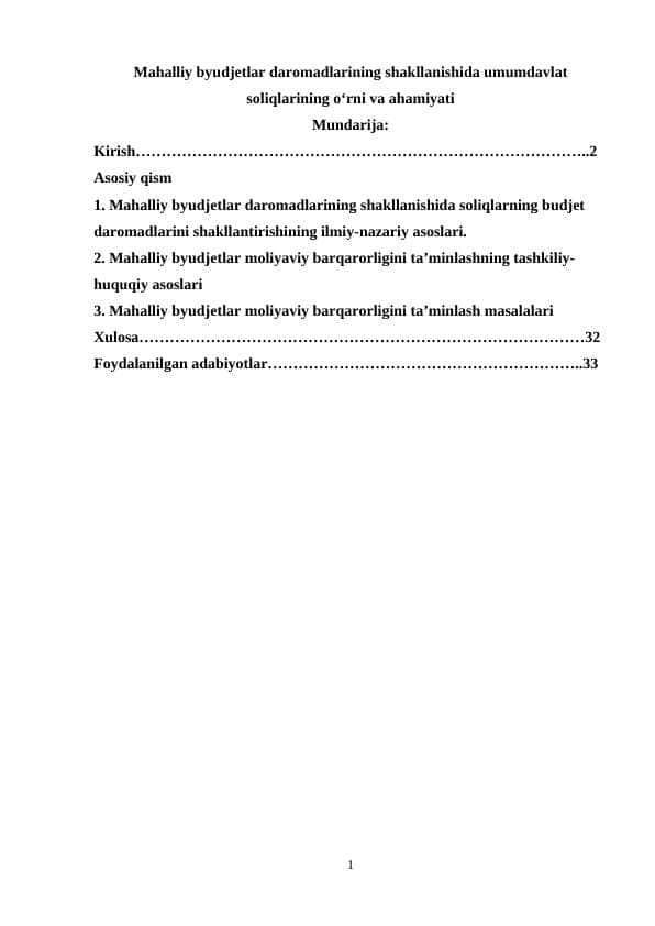 Mahalliy byudjetlar daromadlarining shakllanishida umumdavlat soliqlarining oʻrni va ahamiyati