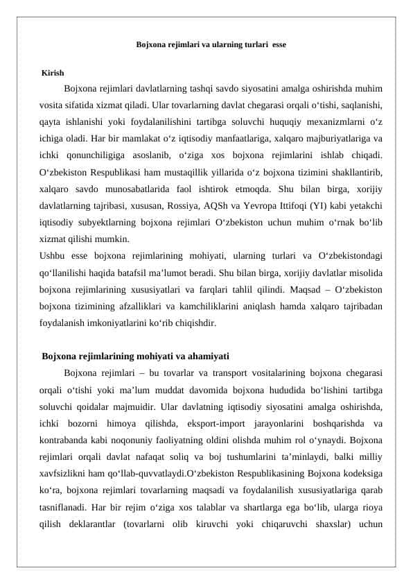 Bojxona rejimlari va ularning turlari esse