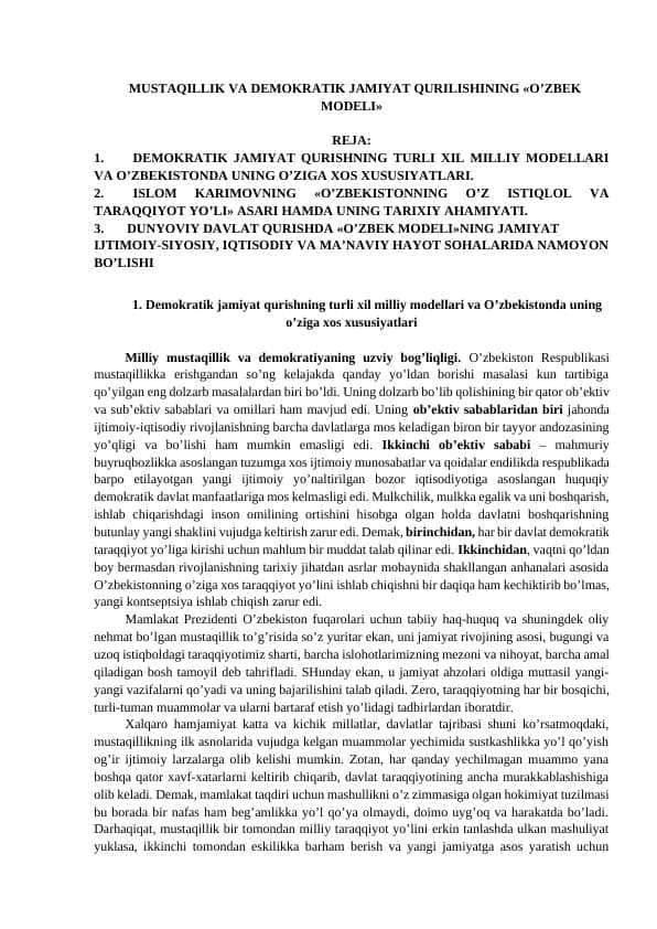 MUSTAQILLIK VA DEMOKRATIK JAMIYAT QURILISHINING «O’ZBEK MODELI»