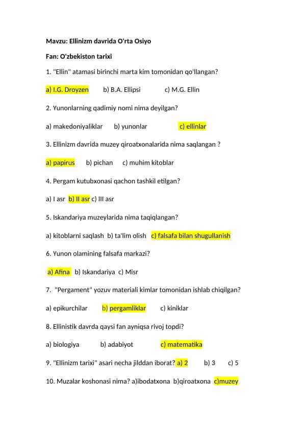 "Ellinizm davrida O'rta Osiyo" test