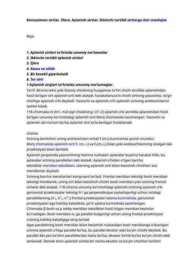 Konussimon sirtlar. Sfera. Aylanish sirtlar. Ikkinchi tartibli sirtlarga doir mashqlar