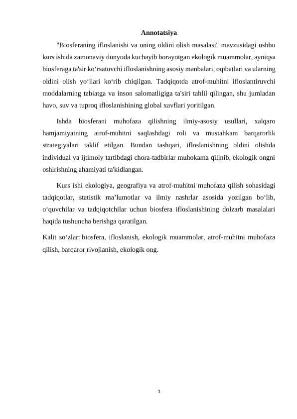 Biosferaning ifloslanishi va uning oldini olish masalasi