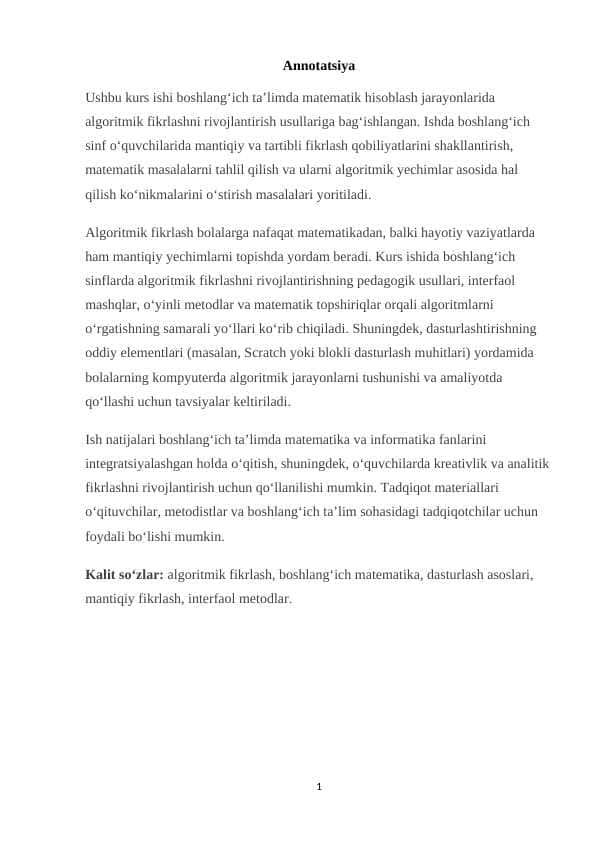 Matematik hisoblashda algoritmik fikrlashni rivojlantirish