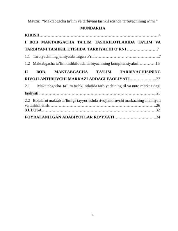 Maktabgacha ta’lim va tarbiyani tashkil etishda tarbiyachining o’rni