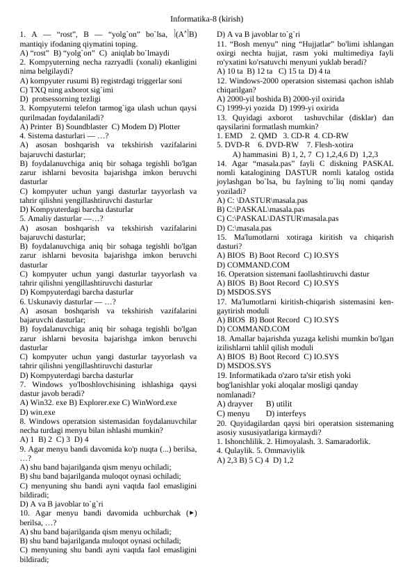 Informatika asoslaridan test savollar to'plami 8-sinflar uchun
