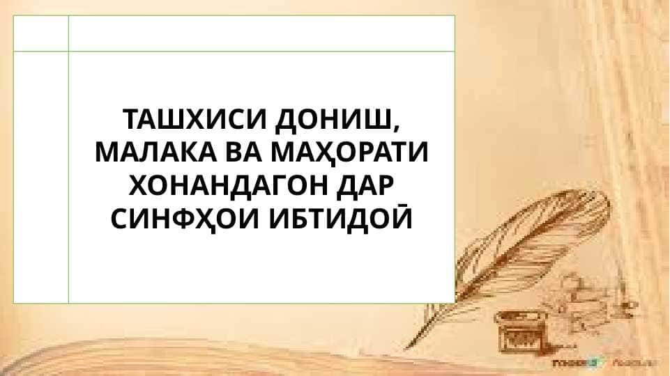 ТАШХИСИ ДОНИШ, МАЛАКА ВА МАҲОРАТИ ХОНАНДАГОН ДАР СИНФҲОИ ИБТИДОӢ