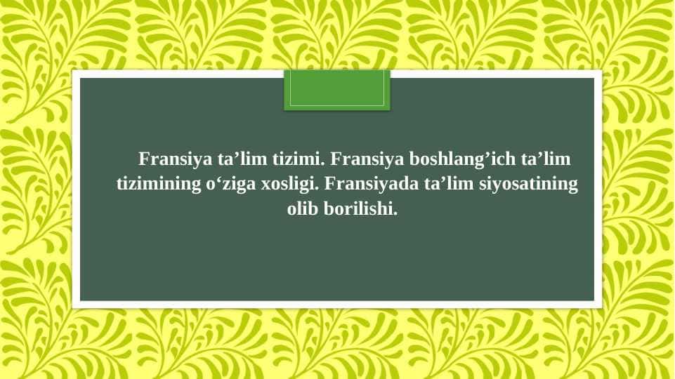 Fransiya ta’lim tizimi. Fransiya boshlang’ich ta’lim tizimining o‘ziga xosligi. Fransiyada ta’lim siyosatining olib borilishi.